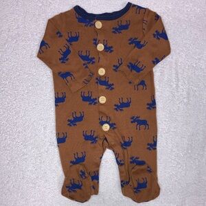 5/$20 Bloomin Baby cotton moose sleeper  brown navy button 3/6m